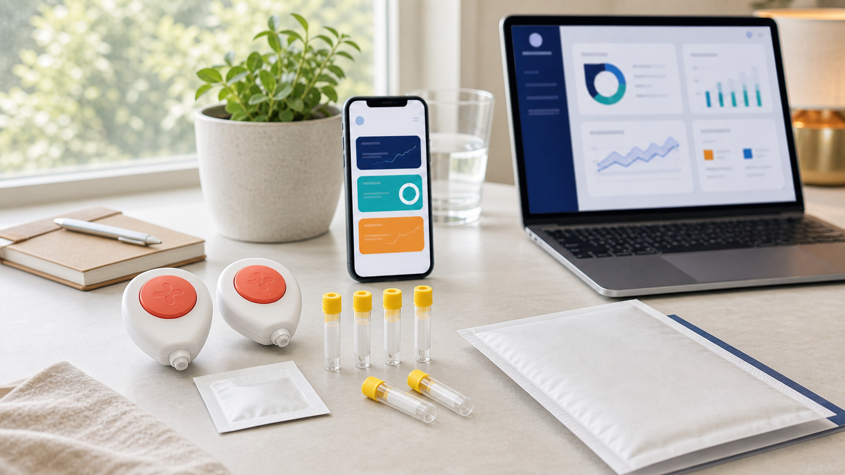 At-home blood collection materials beside digital result screens